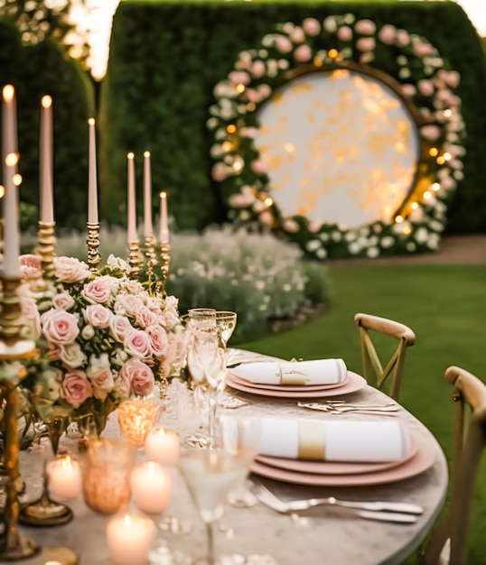 Schöne Idee und Inspiration für eine luxuriöse Hochzeitstischdekoration mit Blumen und generischem stilisiertem Design für eine Sommerhochzeitsfeier im Freien im englischen Blumengarten Generative Ai