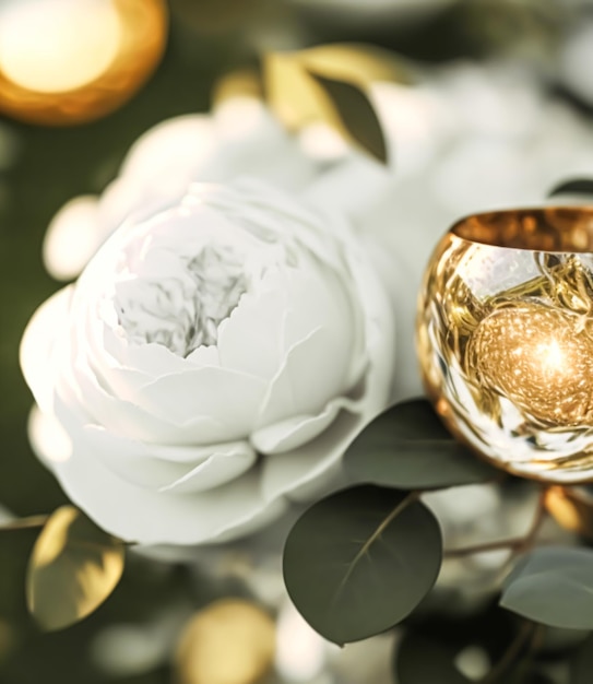 Schöne Idee und Inspiration für eine luxuriöse Hochzeitstischdekoration mit Blumen und generischem stilisiertem Design für eine Sommerhochzeitsfeier im Freien im englischen Blumengarten Generative Ai