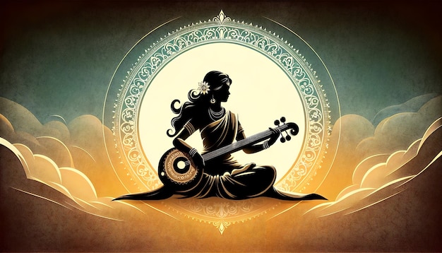 Schöne Illustration der Saraswati Puja Silhouette für Vasant Panchami