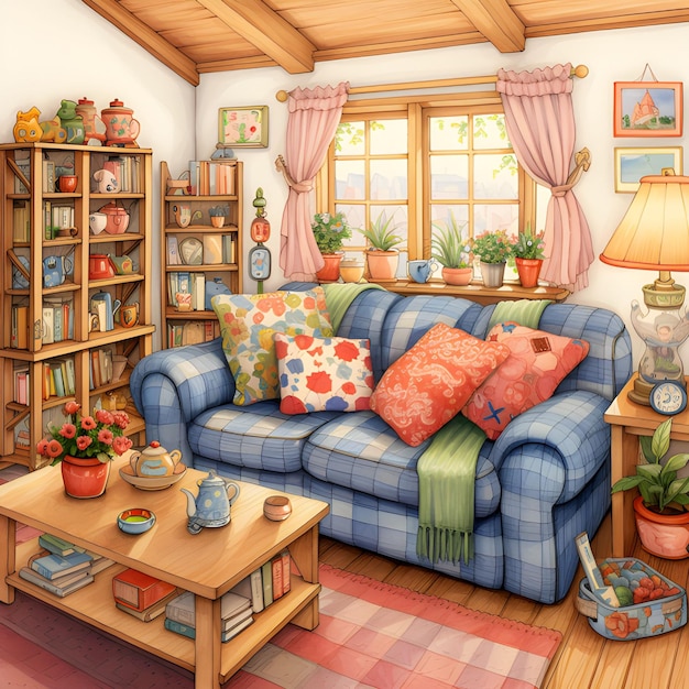 Schöne Illustration eines ländlichen Wohnzimmers mit wunderschönen Decken und Sofa