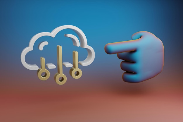 Foto schöne illustrationen abstract der zeigefinger der hand zeigt auf das cloud data storage symbol-symbol auf einem mul