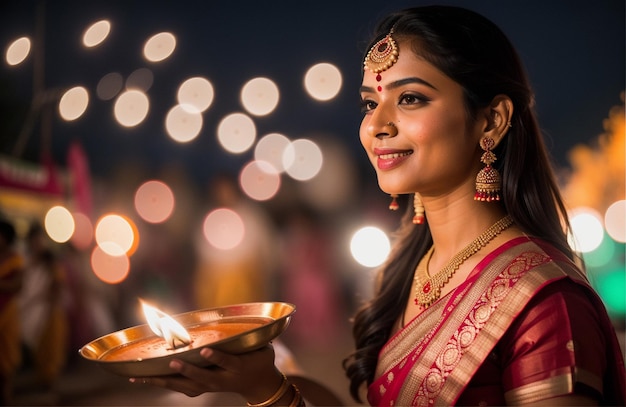 Foto schöne indische frau feiert diwali