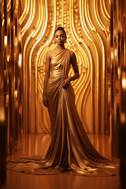 Schöne indische Frau im goldenen Kleid im goldenen Zimmer