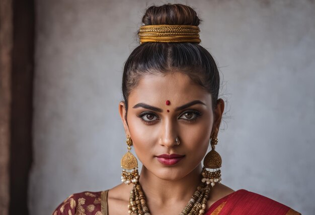 Foto schöne indische frau in rotem sari mit goldschmuck