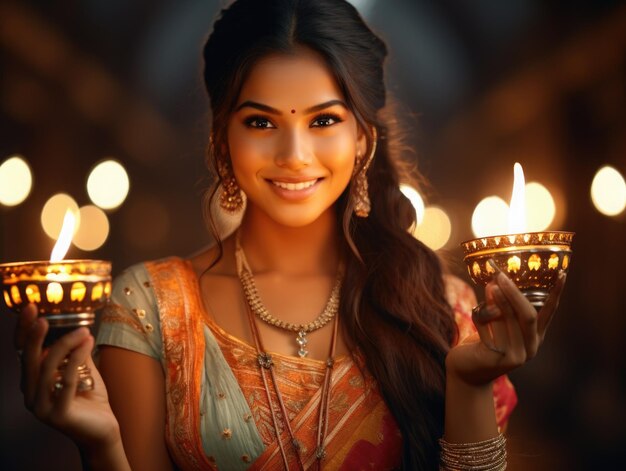 Schöne indische Frau in traditioneller indischer Kleidung mit Diwali-Lampe