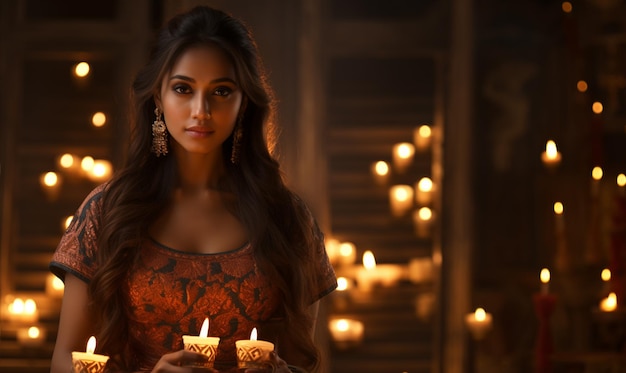 Schöne indische Frau zündet Kerzen beim Diwali-Festival an