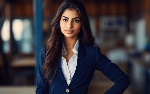 Schöne indische Frauen tragen blauen Anzug im Büro-Hintergrund