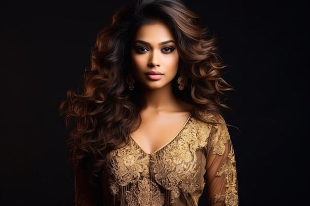 Schöne indische junge Frau mit lockigem Haar in goldenem Kleid