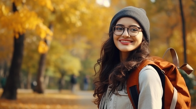 Schöne indische Studentin mit Rucksack und Brille im Park Herbstbildung Lernen