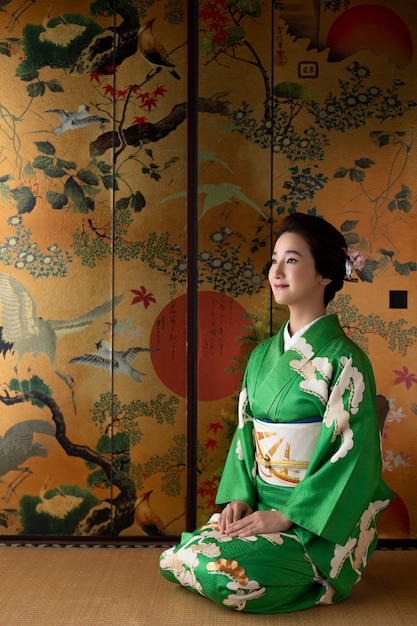 Foto schöne japanerin in einem grünen kimono