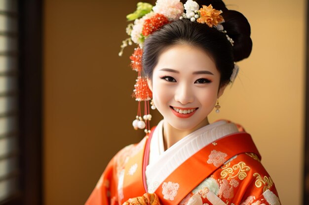 schöne japanische Nationalität Frau lächelnd und mit Kimono Porträts Bokeh-Stil Hintergrund