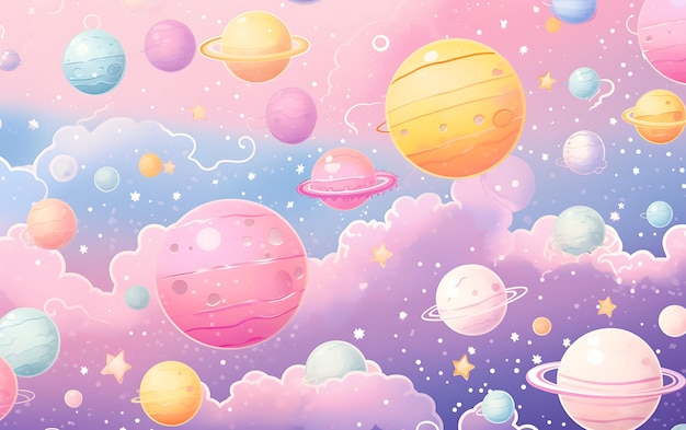 Schöne japanische Planet-Wiederholungsmuster anime-Kunststil mit Pastellfarben