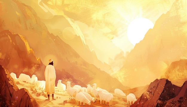 Schöne Jesus-Hirten mit seinen Schafen im Hintergrund Illustrierte atemberaubende Landschaft biblische Szene