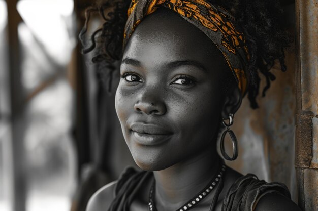 Schöne junge Afrikanerin in traditioneller Kleidung Schwarz-Weiß-Foto