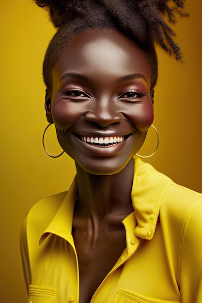 Schöne junge Afrikanerin mit trendigem Outfit vor isoliertem gelbem Hintergrund Generative KI