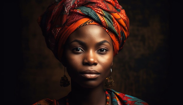 Schöne junge afrikanische Frau im traditionellen Kopftuch strahlt Selbstvertrauen und Eleganz aus, die durch künstliche Intelligenz erzeugt wird