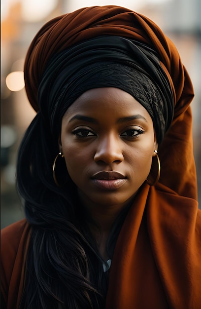 Schöne junge afrikanische Frau in einem Turban Black History Month Design
