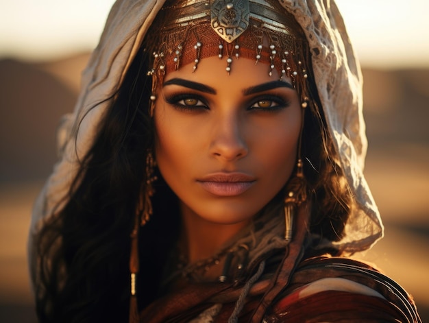 schöne junge arabische Frau schminkt sich im Wüstenhintergrund