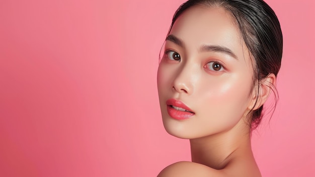 Schöne junge Asiatin mit sauberer, frischer Haut auf rosa Hintergrund Gesichtspflege Gesichtsbehandlung Kosmetologie, Schönheit und Spa