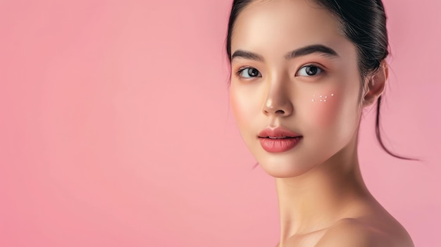 Schöne junge Asiatin mit sauberer, frischer Haut auf rosa Hintergrund Gesichtspflege Gesichtsbehandlung Kosmetologie, Schönheit und Spa