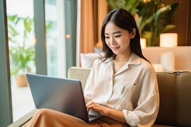 Schöne junge asiatische Frau benutzt einen Laptop oder ein Smart-Handy zum Online-Shopping auf dem Sofa