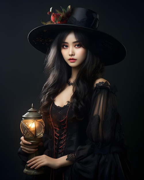Schöne junge asiatische Frau im Halloween-Outfit mit Laterne für Halloween-Feier