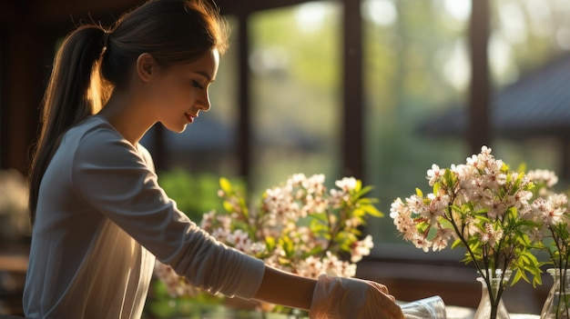 Schöne junge asiatische Frau kümmert sich im Blumenladen um Blumen