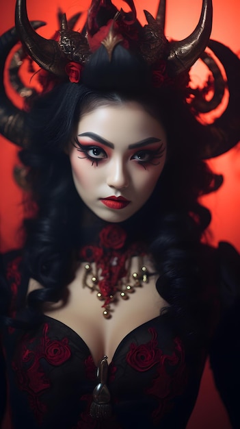 schöne junge asiatische Frau mit Teufelhörnen, die ein Halloween-Kostüm trägt. Hintergrund des heimgesuchten Hauses
