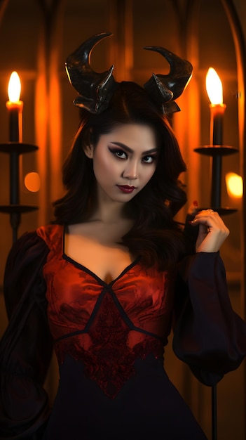 schöne junge asiatische Frau mit Teufelhörnen, die ein Halloween-Kostüm trägt. Hintergrund des heimgesuchten Hauses