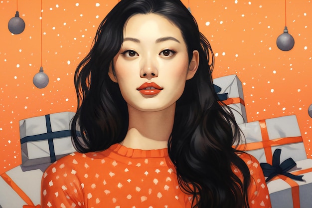 Schöne junge asiatische Frau mit Weihnachtsgeschenken auf orangefarbenem Hintergrund