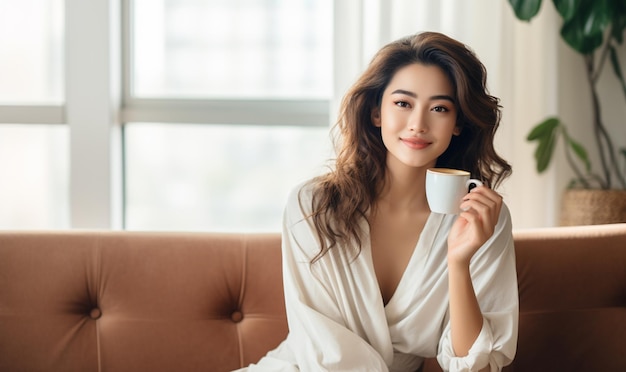Schöne junge asiatische Frau sitzt auf dem Sofa und genießt den ersten Morgenkaffee bei Sonnenschein
