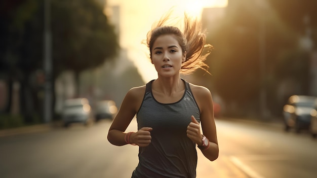 Schöne junge asiatische Frau übt morgens das Joggen auf der Straße