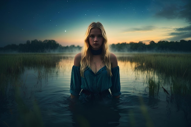 Foto schöne junge blonde frau, die hüfthoch im wasser steht, abend- und nachtsternenhimmel, fantastische illustration