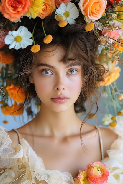 schöne junge Braut mit einem Blumenkränz auf dem Kopf auf einem blauen Hintergrund