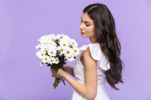 Schöne junge brünette Frau, die isoliert über der violetten Wand steht und Gänseblümchen hält