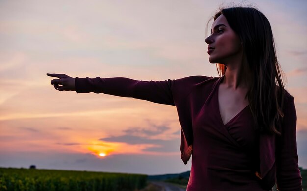 schöne junge brünette poseert eine Straße in der Mitte des Feldes bei Sonnenuntergang Silhouette