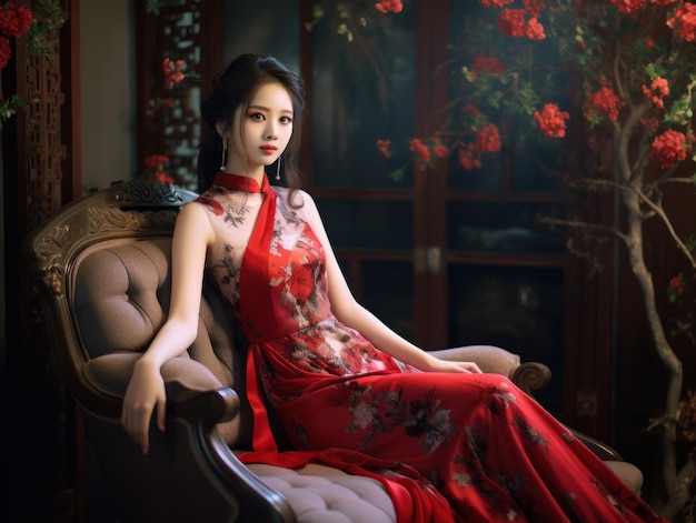 Schöne junge Chinesin sitzt im Studiozimmer in roter traditioneller chinesischer Kleidung
