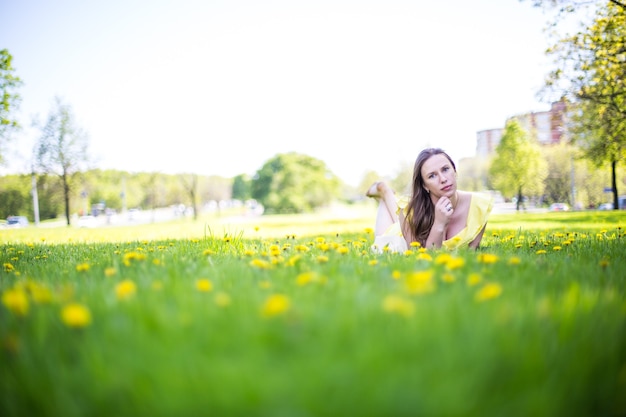 Schöne junge Dame, die im Blumenfeld liegt