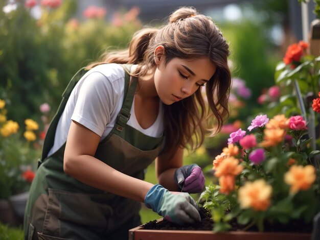 Foto schöne junge frau arbeitet als gärtnerin und pflanzt blumen