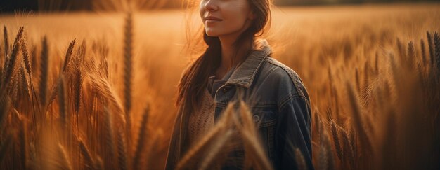 Schöne junge Frau auf blühendem Rapsfeld bei sonnenunterganggenerativer ai