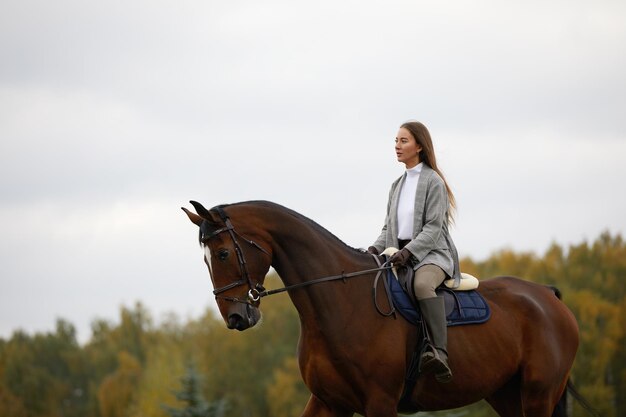 Schöne junge Frau, die ein Pferd auf dem Feld reitet Seitlich zur Kamera Freiheitsfreudenbewegung