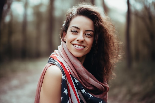 Schöne junge Frau, die einen Schal mit amerikanischer Flagge trägt