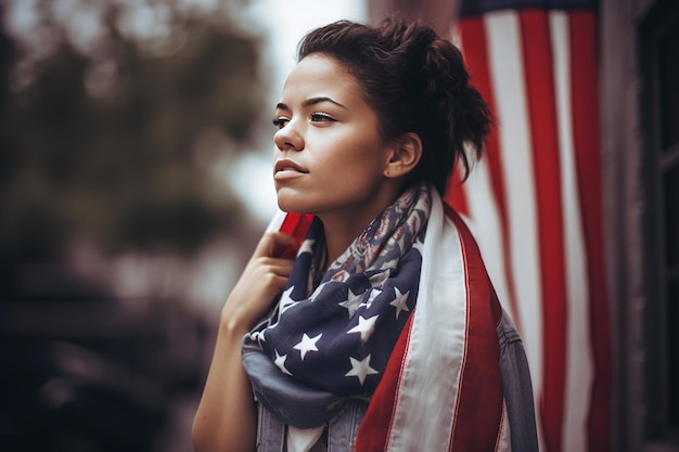 Schöne junge Frau, die einen Schal mit amerikanischer Flagge trägt