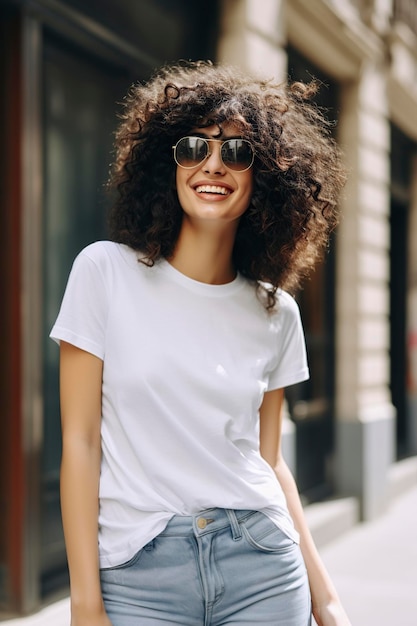 schöne junge Frau, die glücklich in einem weißen T-Shirt posiert.