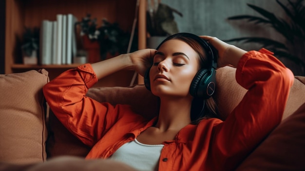Schöne junge Frau, die Musik mit Kopfhörern hört, während sie zu Hause auf dem Sofa liegt
