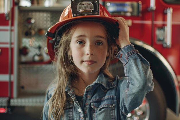 Foto schöne junge frau, die sich einen echten fireman-helm anprobiert und vor einem feuerwehrwagen steht