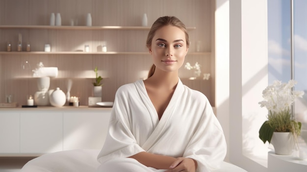 Schöne junge Frau, die sich luxuriös auf einem Spa-Bett zurücklehnt, umgeben von einer Reihe erstklassiger Schönheitsprodukte in einem weißen Raum