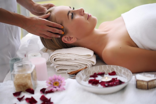 Schöne junge Frau, die während der traditionellen Thai-Massage im Spa- und Wellnesscenter entspannt