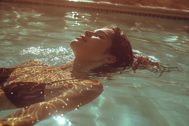 Schöne junge Frau entspannt sich im Schwimmbad eines Luxus-Spa-Resorts