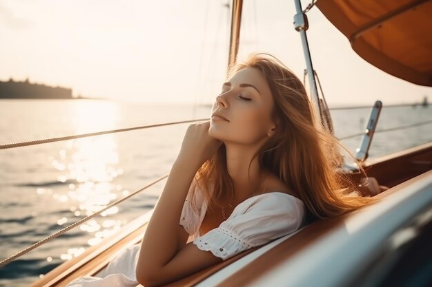 Schöne junge Frau entspannt sich im Sommer bei Sonnenuntergang auf einer Yacht